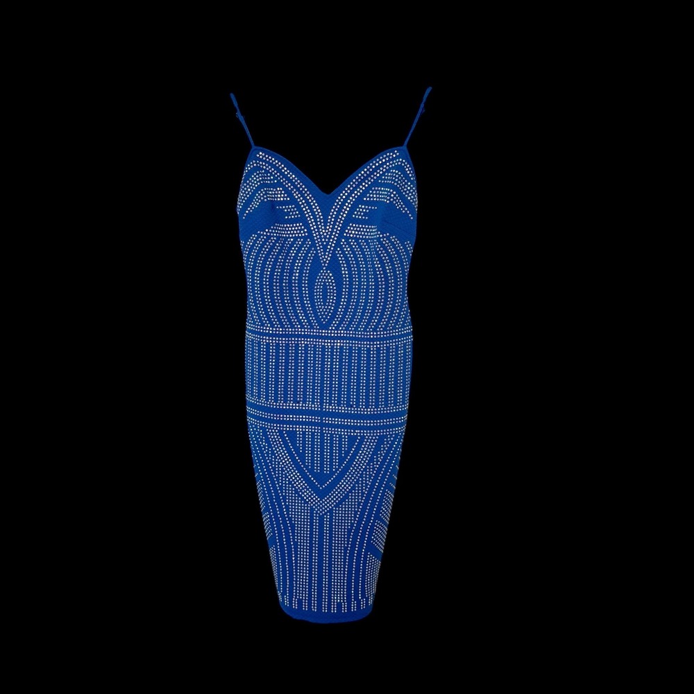 Y2K Bebe Womens Blue Rhinestone Bodycon Dress XS Geometric Studded Midi‎